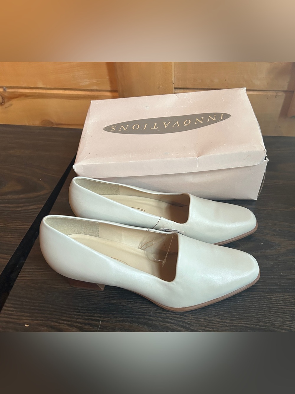 Leather Low Block heel shoes. Color is Bone. Size 10. Never worn.